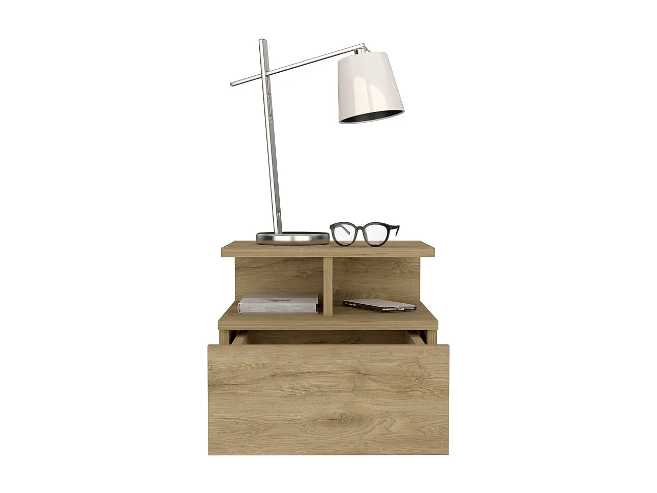 Table de chevet flottante Augusta avec deux tablettes ouvertes et un tiroir sur rail métallique , 29.5 cm X 35.6 cm X 33.6 cm , Macadamia