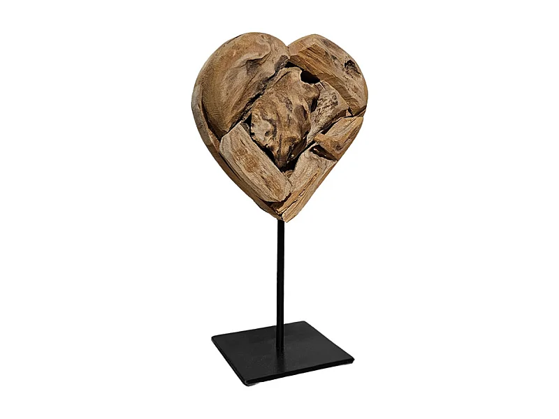 Sculpture H. 28 cm cœur en bois de teck et socle métal noir - JUDITH 2