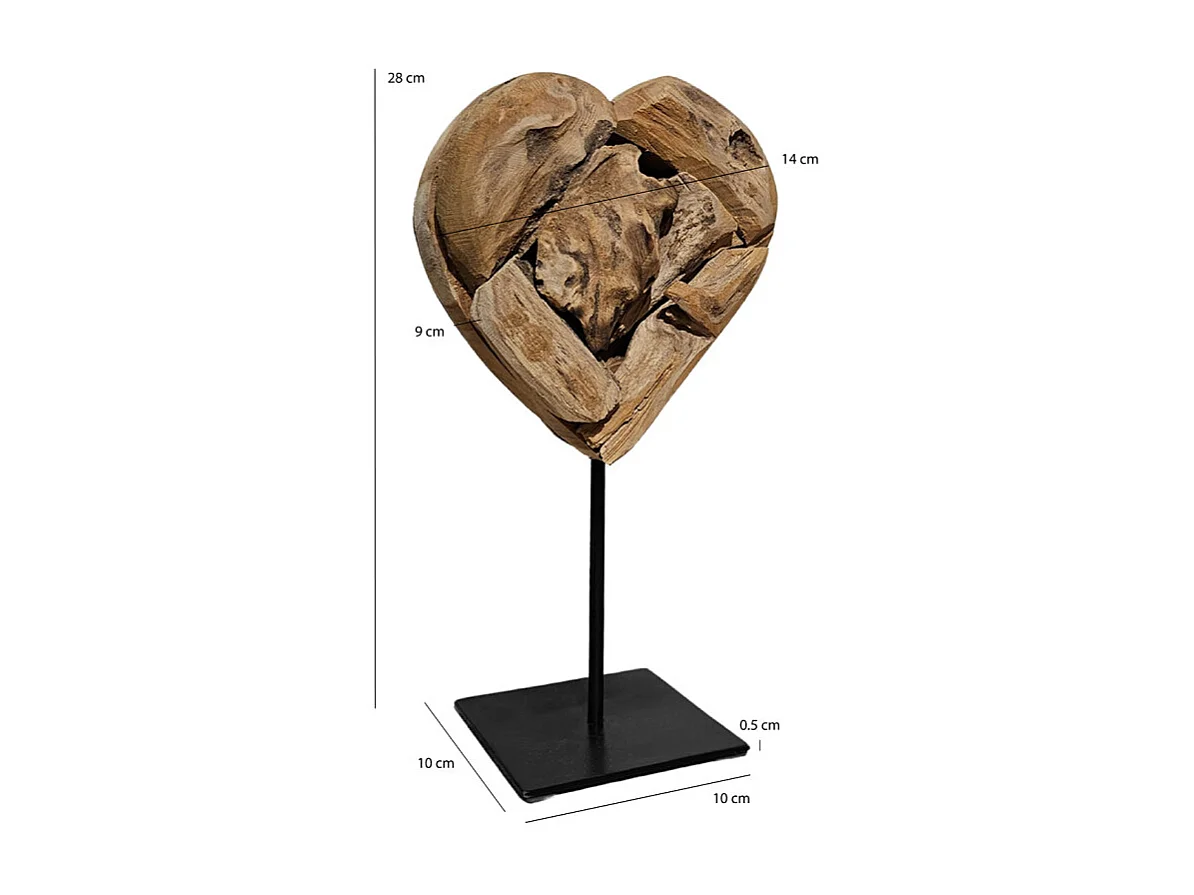 Sculpture H. 28 cm cœur en bois de teck et socle métal noir - JUDITH 2