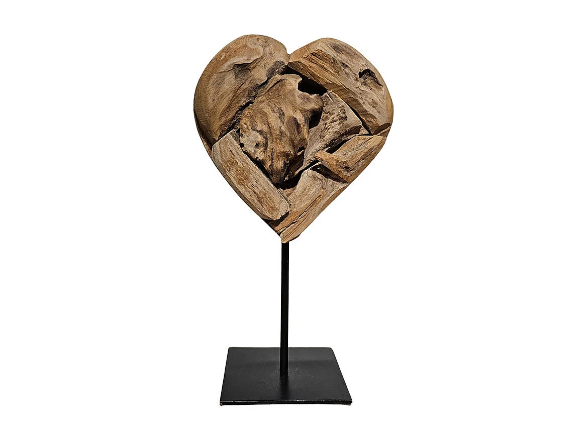 Sculpture H. 28 cm cœur en bois de teck et socle métal noir - JUDITH 2