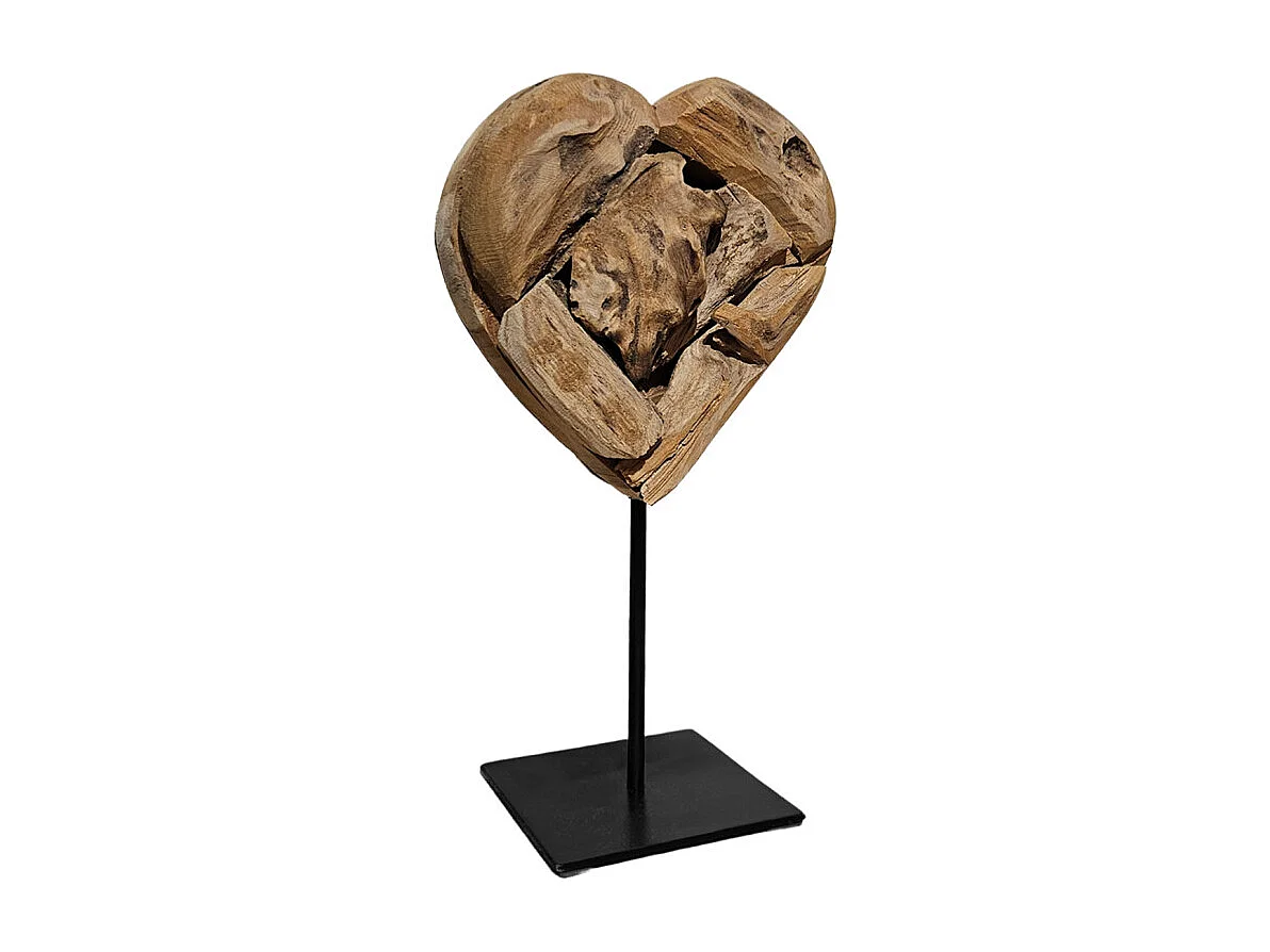 Sculpture H. 28 cm cœur en bois de teck et socle métal noir - JUDITH 2