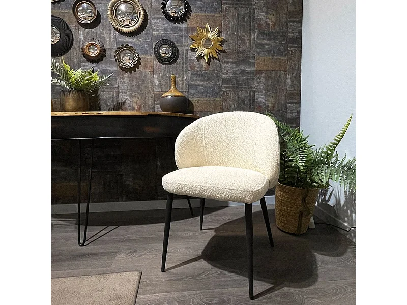 Lot 2 chaises repas tissu bouclette blanc écru pieds métal – SYRACUSE