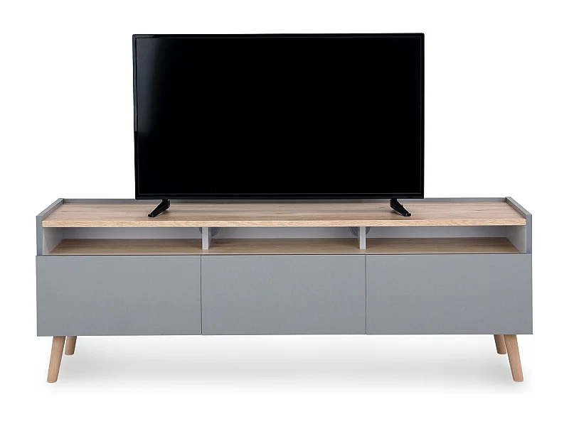 Meuble TV SKANDI L 150 cm en Bois Style Scandinave - Pour téléviseur jusqu'à 65" - Gris avec 3 Portes