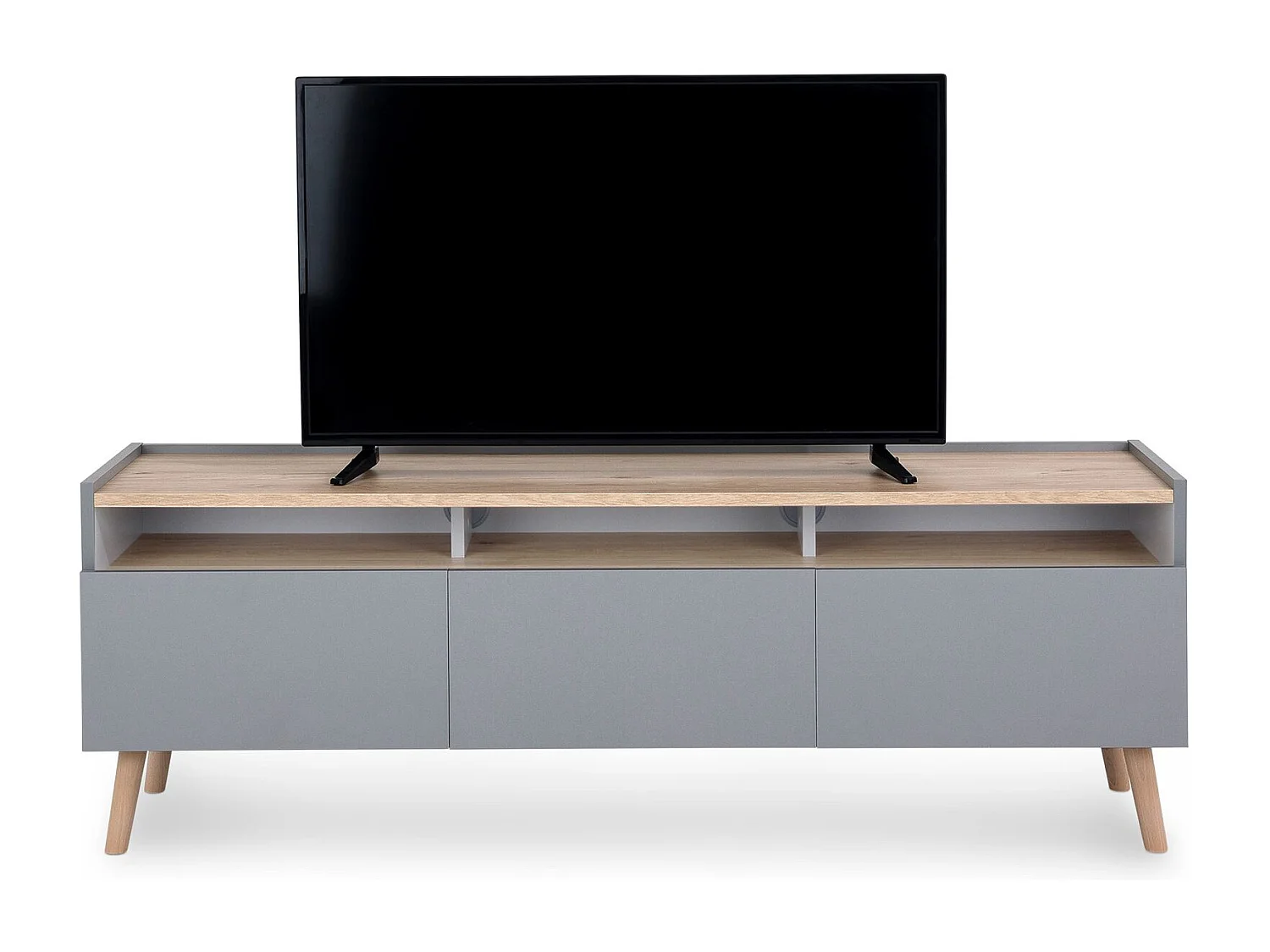 Meuble TV SKANDI L 150 cm en Bois Style Scandinave - Pour téléviseur jusqu'à 65" - Gris avec 3 Portes