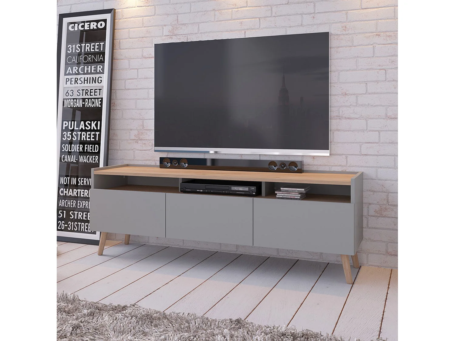Meuble TV SKANDI L 150 cm en Bois Style Scandinave - Pour téléviseur jusqu'à 65" - Gris avec 3 Portes