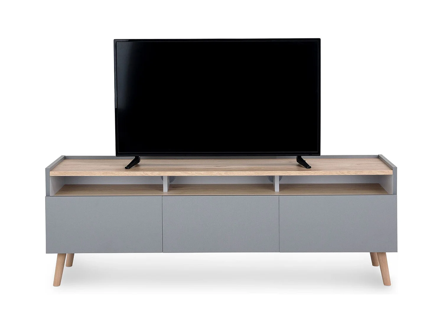 Meuble TV SKANDI L 150 cm en Bois Style Scandinave - Pour téléviseur jusqu'à 65" - Gris avec 3 Portes