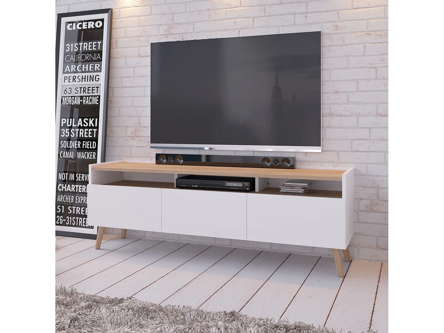 Meuble TV SKANDI L 150 cm en Bois Style Scandinave - Pour téléviseur jusqu'à 65" - Blanc avec 3 Portes