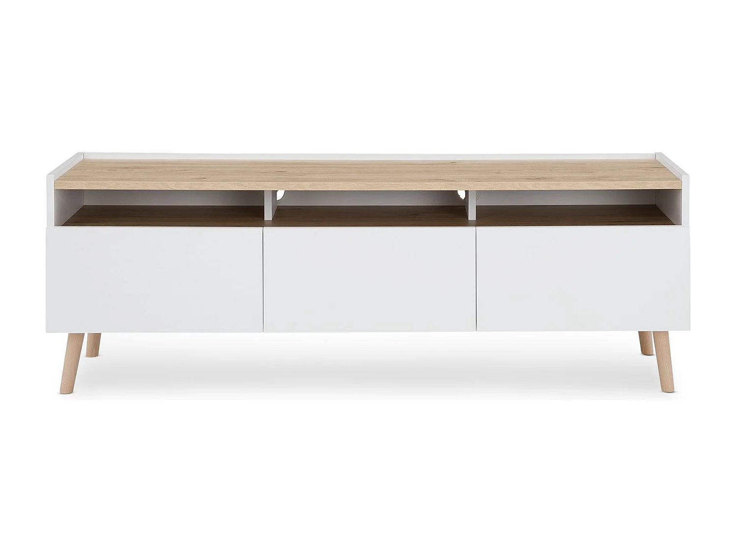 Meuble TV SKANDI L 150 cm en Bois Style Scandinave - Pour téléviseur jusqu'à 65" - Blanc avec 3 Portes