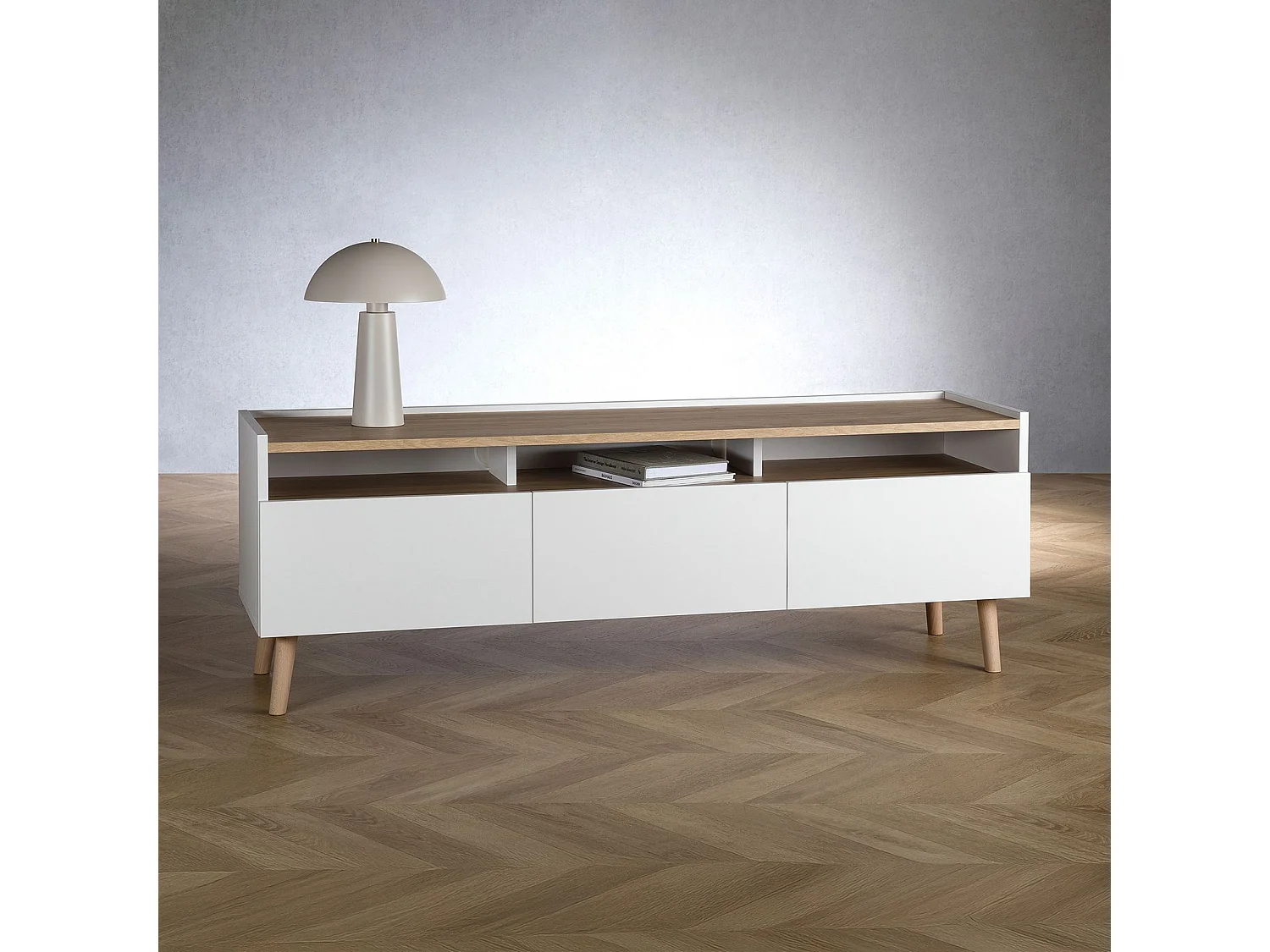 Meuble TV SKANDI L 150 cm en Bois Style Scandinave - Pour téléviseur jusqu'à 65" - Blanc avec 3 Portes