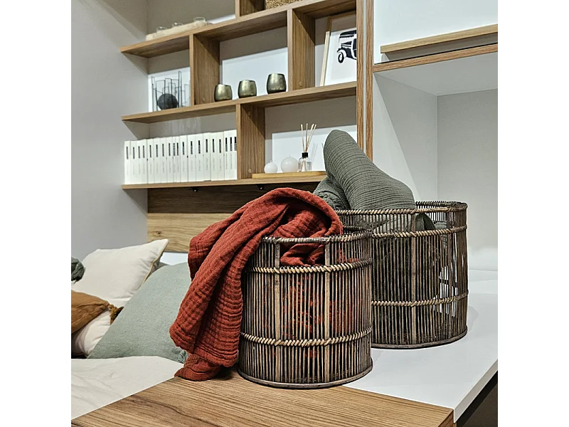 Panier / Corbeille ronde D. 31 cm en bois de bambou grisé - REGIS 9281