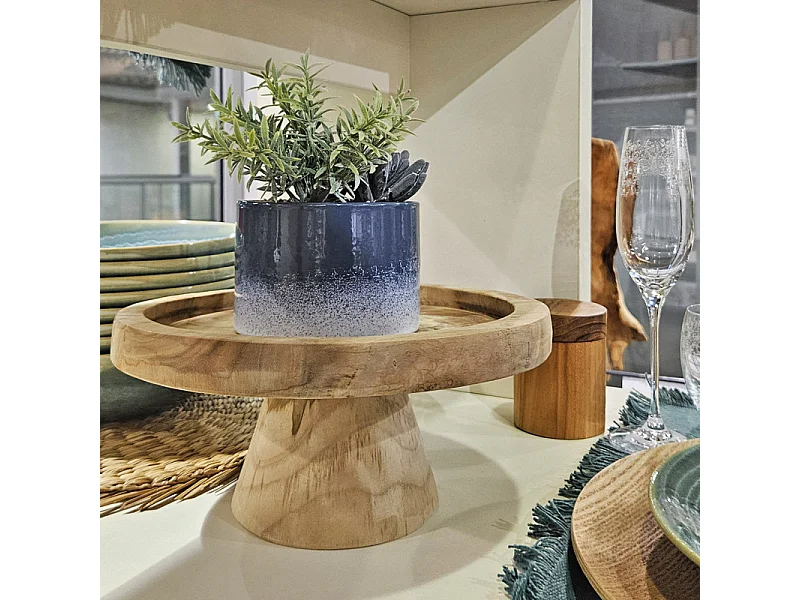 Plateau / Présentoir rond sur pied D. 27 cm en bois de teck - ALICE