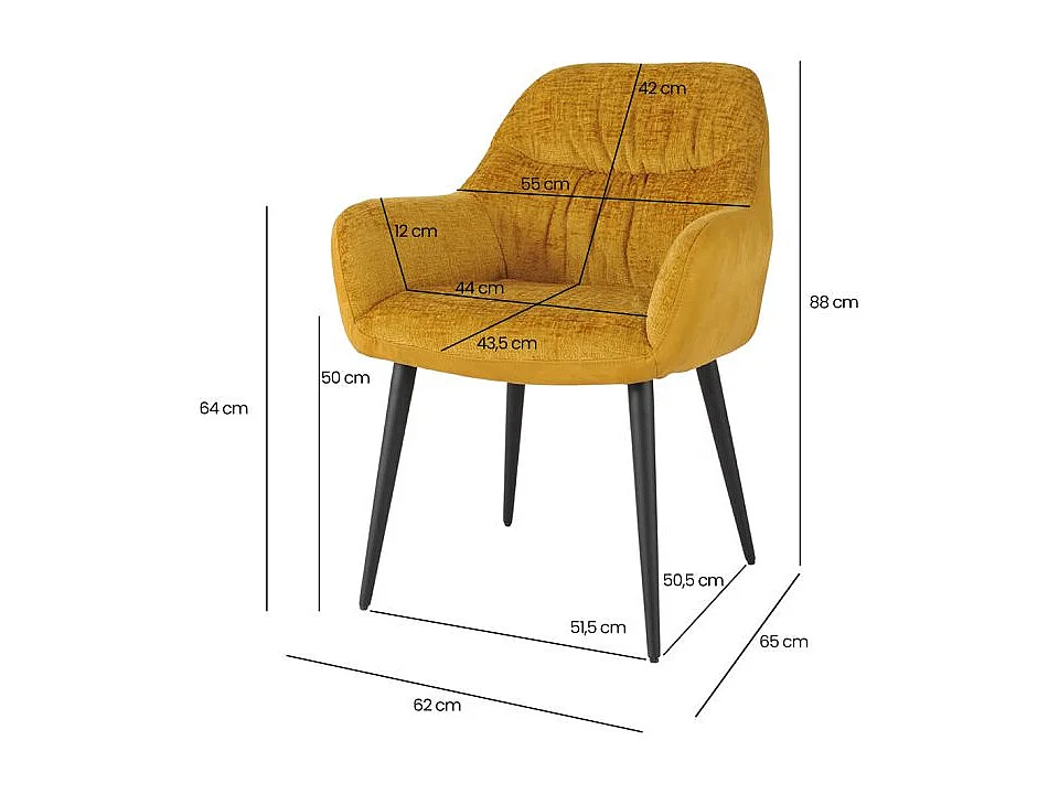 Lot 2 chaises repas en tissu microfibre moutarde pieds métal - ATLANTA