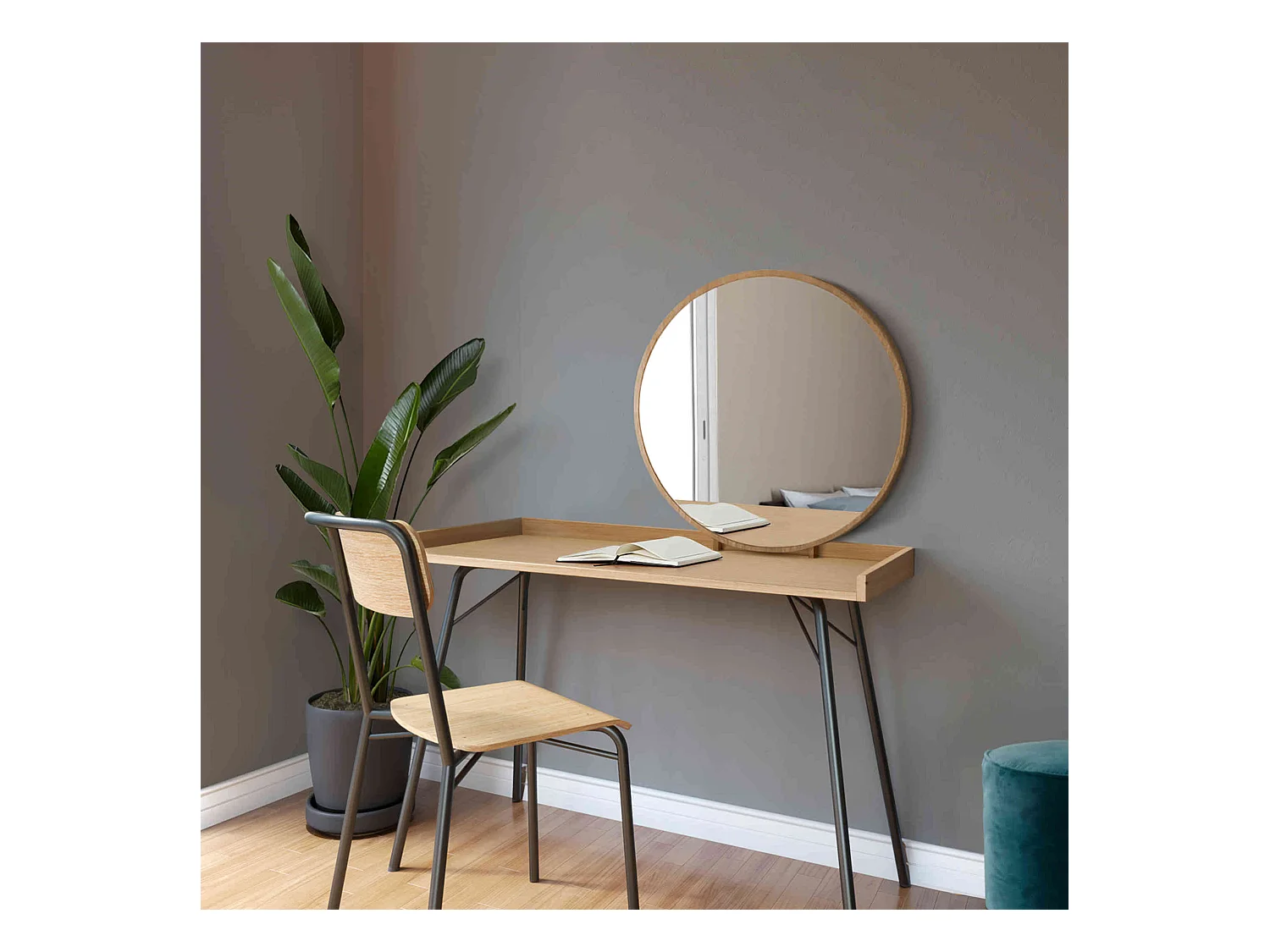 Coiffeuse avec miroir en bois imitation chêne - CF0061