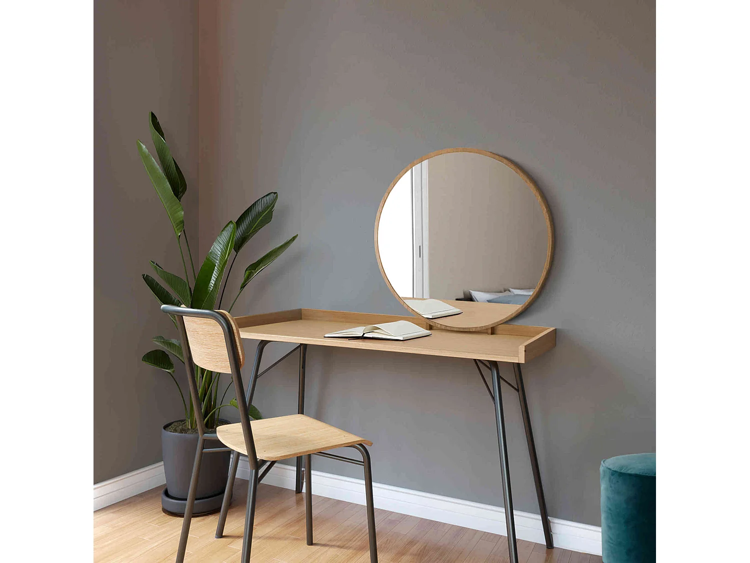Coiffeuse avec miroir en bois imitation chêne - CF0061
