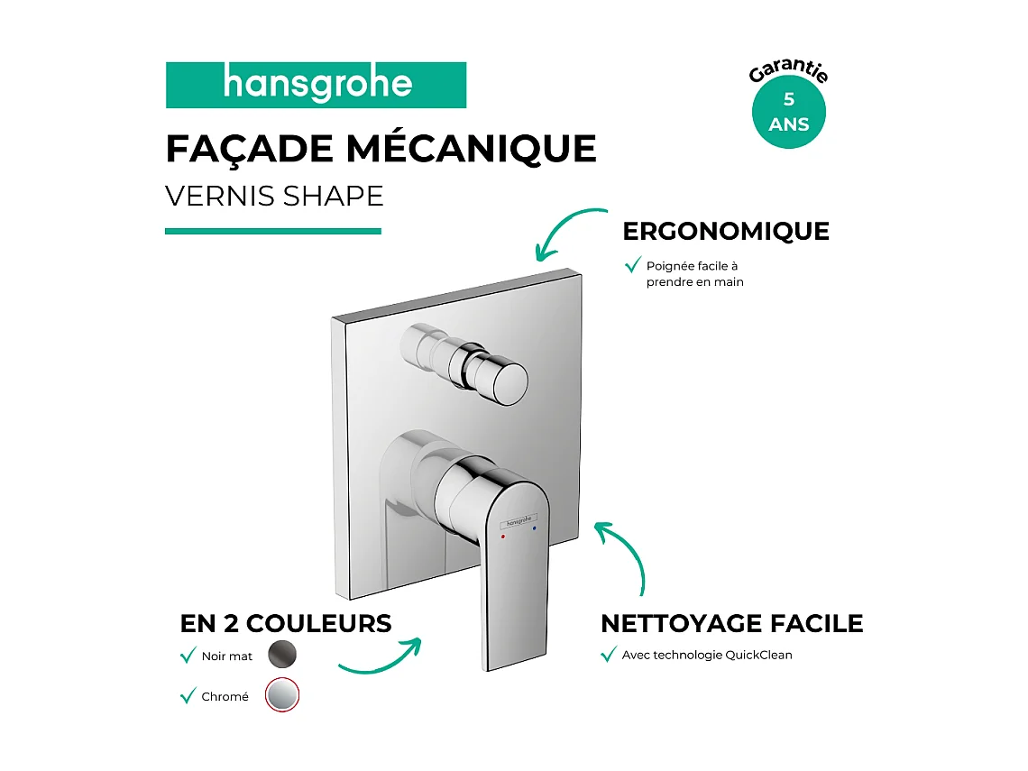 Façade mitigeur mécanique encastré HANSGROHE Vernis Shape Chromé
