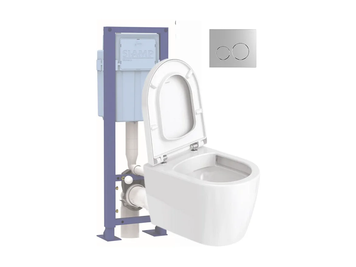 Pack WC suspendu compact sans bride DURAVIT Me by Starck abattant frein de chute + bati support SIAMP + Plaque de commande chromée