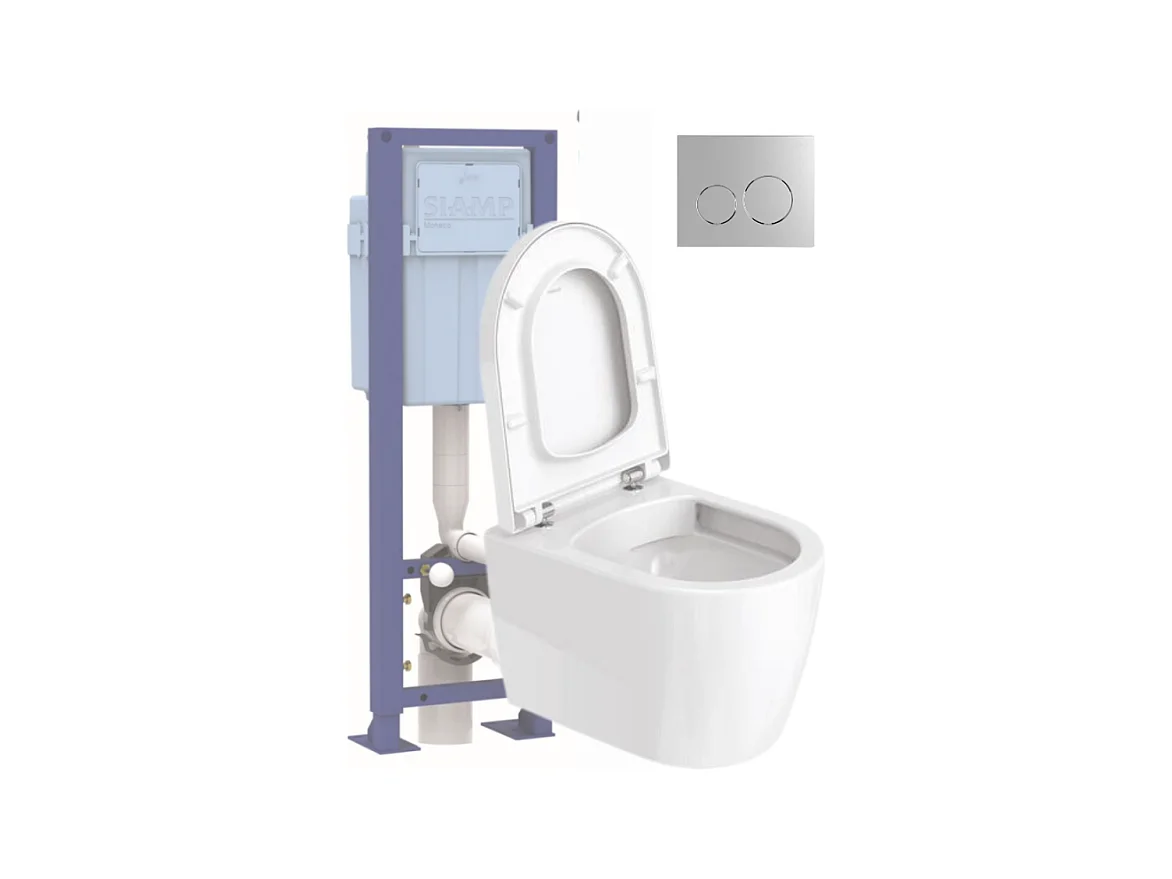 Pack WC suspendu compact sans bride DURAVIT Me by Starck abattant frein de chute + bati support SIAMP + Plaque de commande chromée
