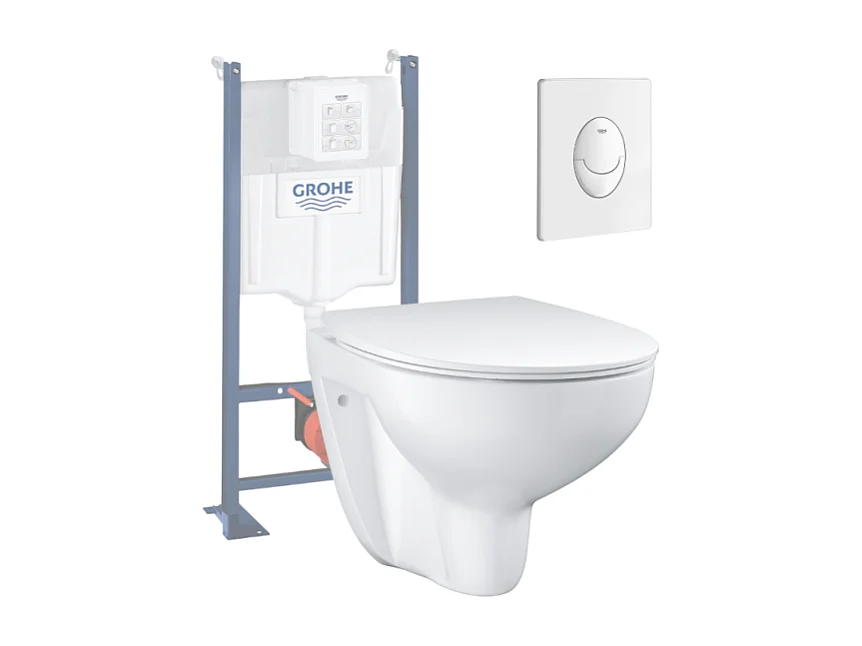 Pack WC sans bride Bau Ceramic Slim + abattant + Bati support autoportant + Plaque commande ovale blanc