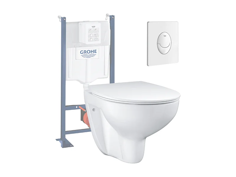 Pack WC sans bride Bau Ceramic Slim + abattant + Bati support autoportant + Plaque commande ovale blanc