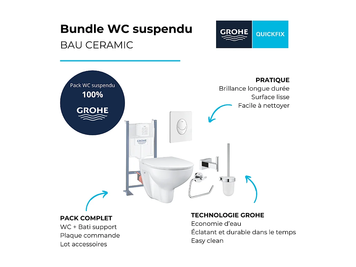 Pack WC sans bride Bau Ceramic avec abattant slim + Bâti support WC Rapid SL + plaque de commande Start blanc alpin + Accessoires