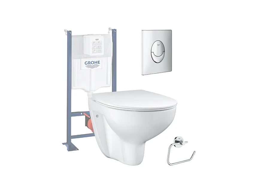 Pack WC sans bride Bau Ceramic Slim + abattant + Bati support autoportant + Plaque commande ovale chromé + Dérouleur papier