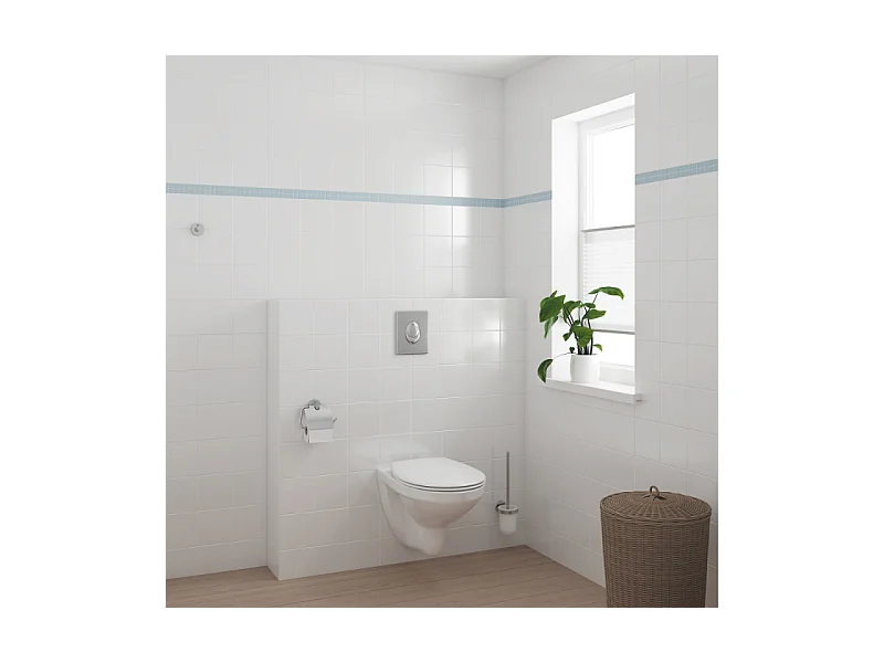 Pack WC sans bride Bau Ceramic Slim + abattant + Bati support autoportant + Plaque commande ovale chromé + Dérouleur papier