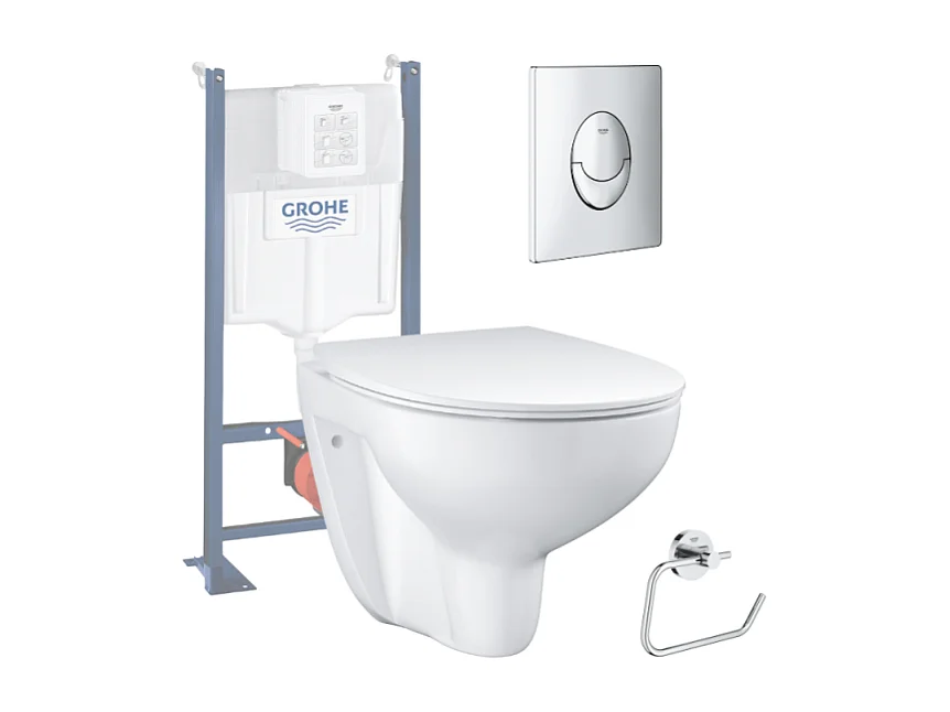 Pack WC sans bride Bau Ceramic Slim + abattant + Bati support autoportant + Plaque commande ovale chromé + Dérouleur papier