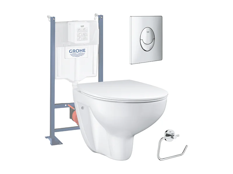 Pack WC sans bride Bau Ceramic Slim + abattant + Bati support autoportant + Plaque commande ovale chromé + Dérouleur papier