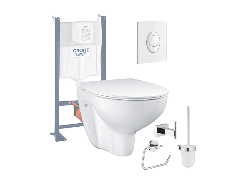 Pack WC sans bride Bau Ceramic Slim + abattant + Bati support autoportant + Plaque commande ovale blanc + Accessoires