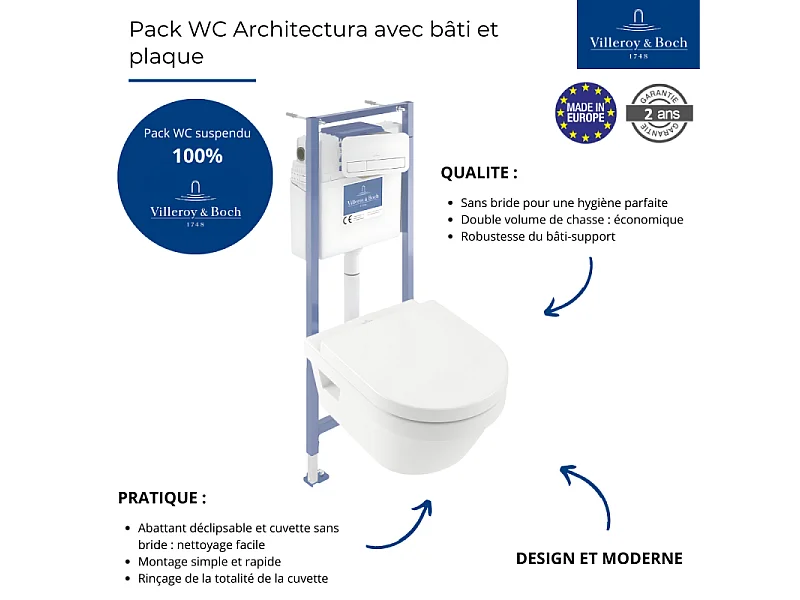 Pack WC sans bride VILLEROY ET BOCH Architectura avec abattant + bâti-support sol et mur Viconnect PRO + plaque blanche