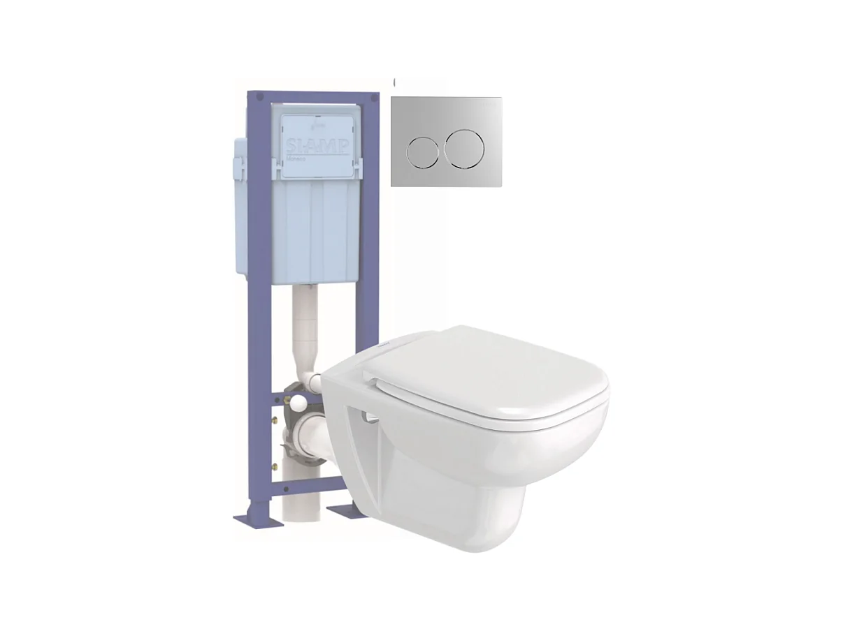 Pack WC suspendu sans bride DURAVIT D-code avec abattant frein de chute synthétique + bati support SIAMP + Plaque chromée