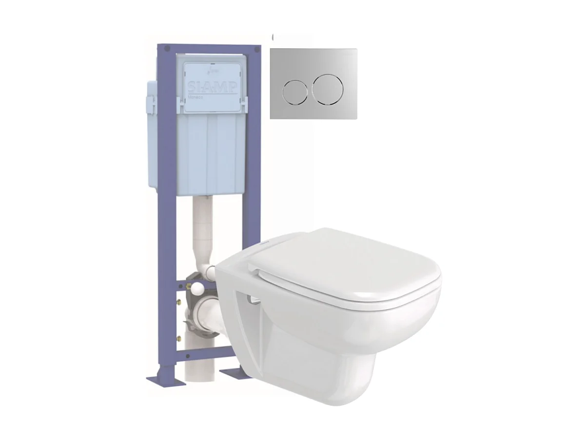 Pack WC suspendu sans bride DURAVIT D-code avec abattant frein de chute synthétique + bati support SIAMP + Plaque chromée