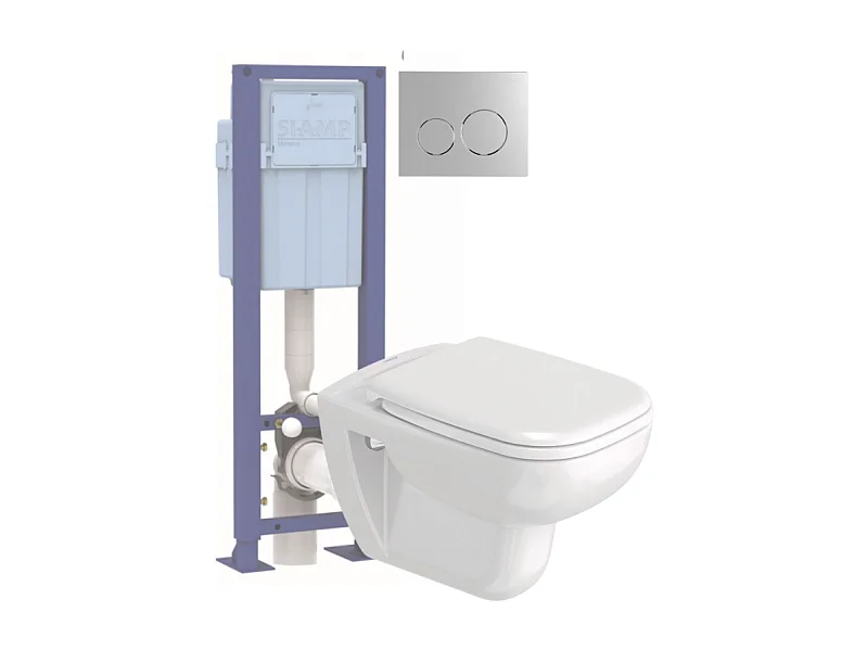Pack WC suspendu sans bride DURAVIT D-code avec abattant frein de chute synthétique + bati support SIAMP + Plaque chromée