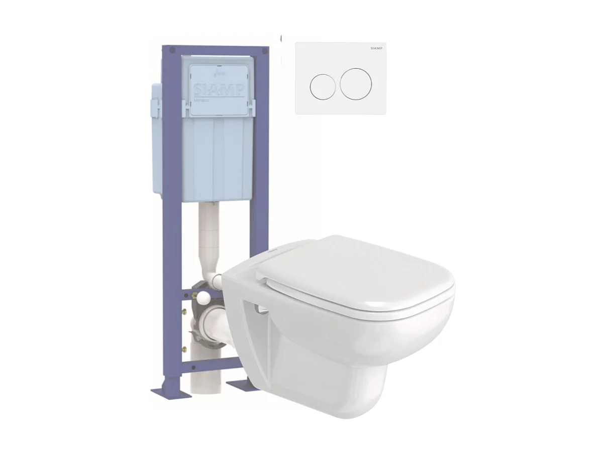 Pack WC suspendu sans bride DURAVIT D-code avec abattant frein de chute synthétique + bati support SIAMP + Plaque blanche