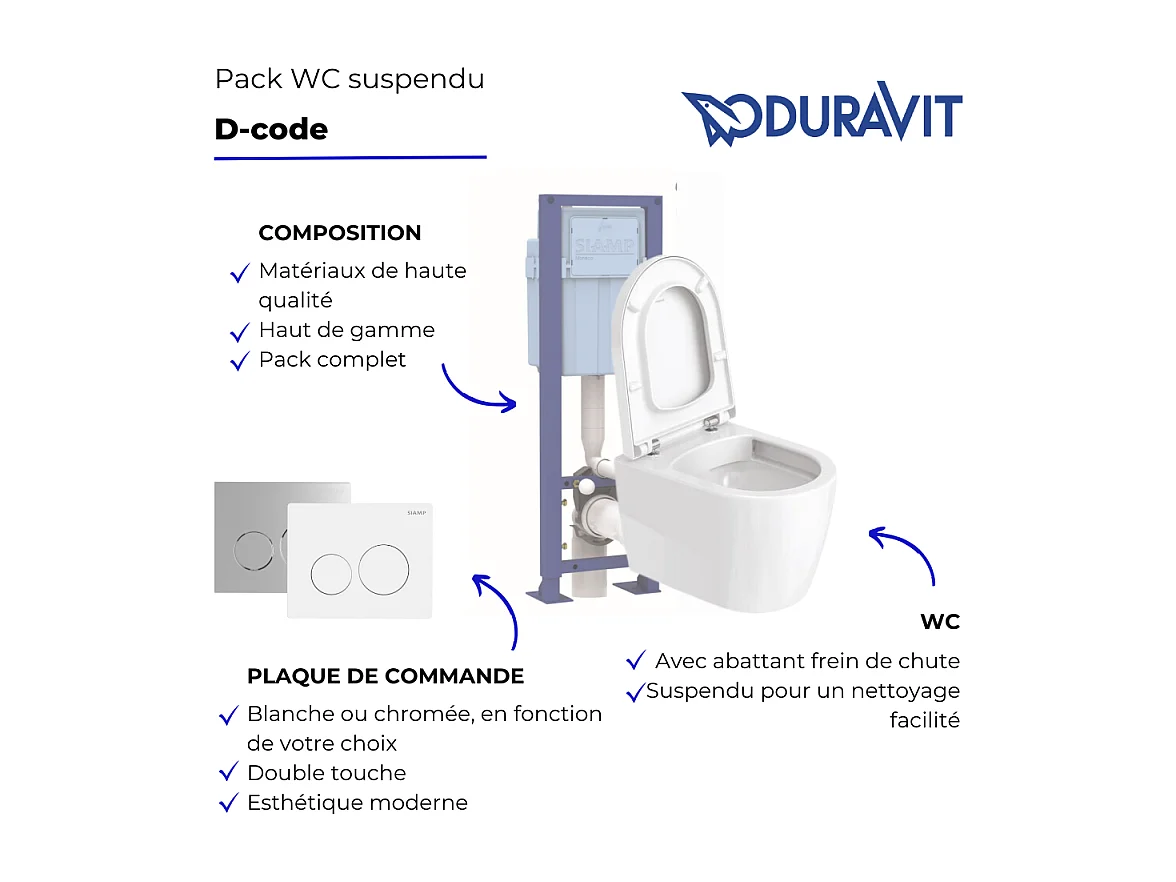 Pack WC suspendu sans bride DURAVIT D-code avec abattant frein de chute synthétique + bati support SIAMP + Plaque blanche