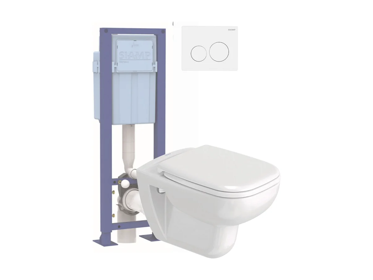 Pack WC suspendu sans bride DURAVIT D-code avec abattant frein de chute synthétique + bati support SIAMP + Plaque blanche