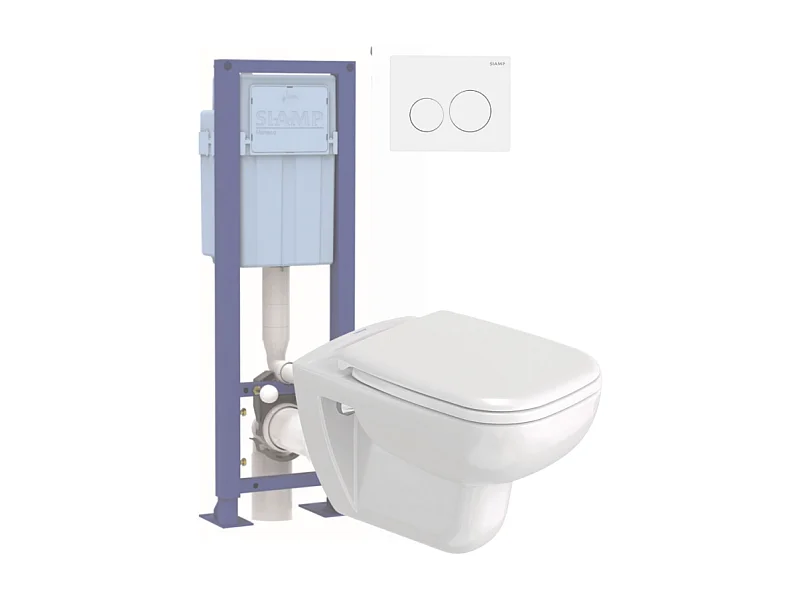 Pack WC suspendu sans bride DURAVIT D-code avec abattant frein de chute synthétique + bati support SIAMP + Plaque blanche