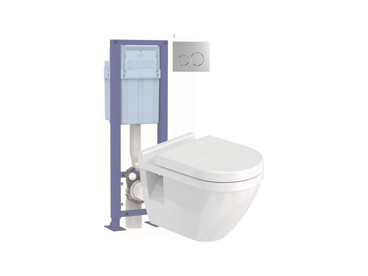 Pack WC suspendu DURAVIT Starck 3 avec abattant frein de chute + bati support SIAMP + Plaque de commande chromée