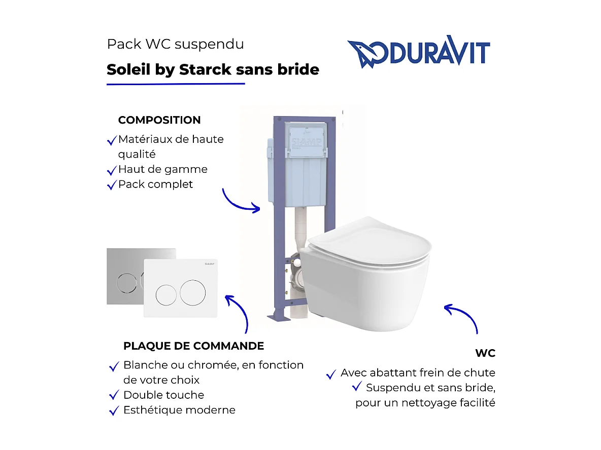 Pack WC suspendu DURAVIT Starck 3 avec abattant frein de chute + bati support SIAMP + Plaque de commande chromée