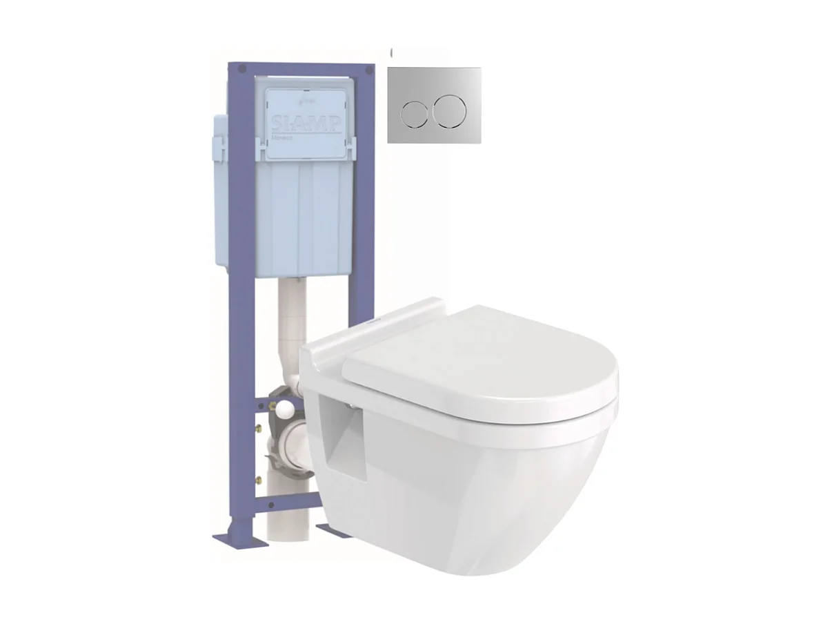 Pack WC suspendu DURAVIT Starck 3 avec abattant frein de chute + bati support SIAMP + Plaque de commande chromée