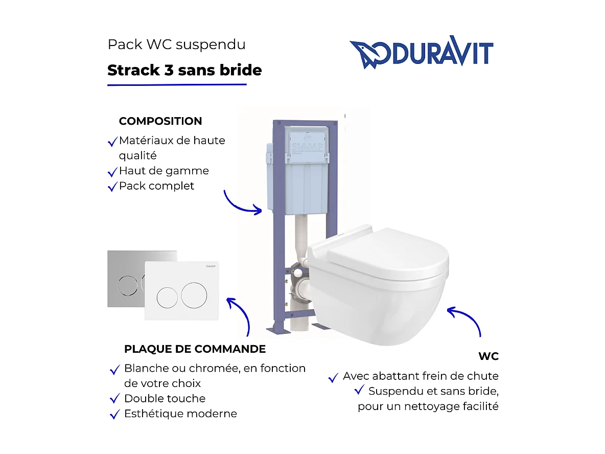 Pack WC suspendu sans bride DURAVIT Starck 3 avec abattant frein de chute + bati support SIAMP + Plaque de commande chromée