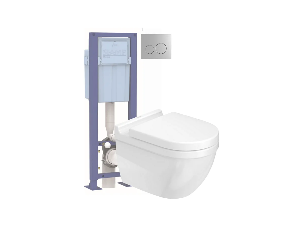 Pack WC suspendu sans bride DURAVIT Starck 3 avec abattant frein de chute + bati support SIAMP + Plaque de commande chromée