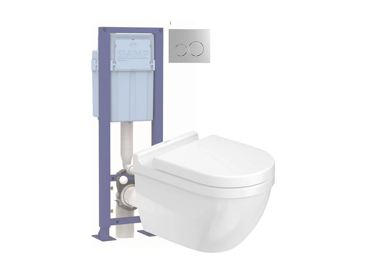 Pack WC suspendu sans bride DURAVIT Starck 3 avec abattant frein de chute + bati support SIAMP + Plaque de commande chromée