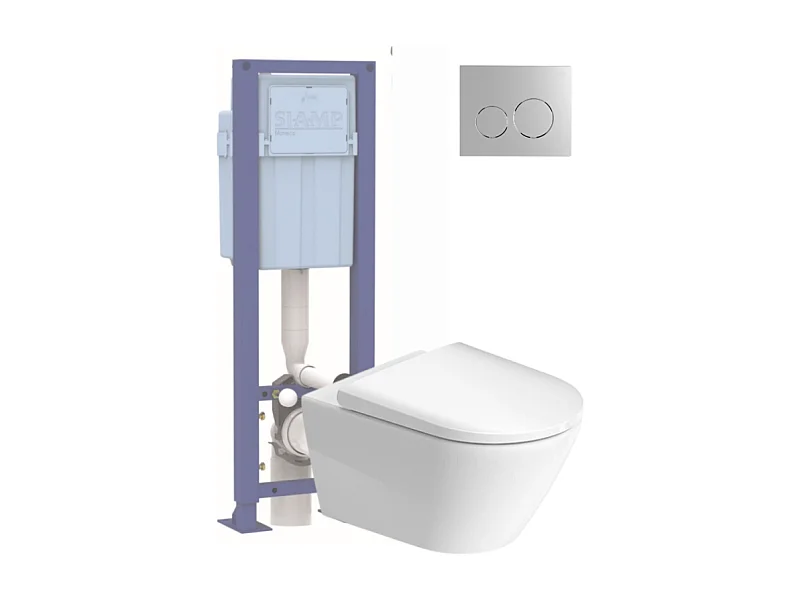Pack WC suspendu sans bride DURAVIT D-Neo avec abattant frein de chute + bati support SIAMP + Plaque de commande chromée