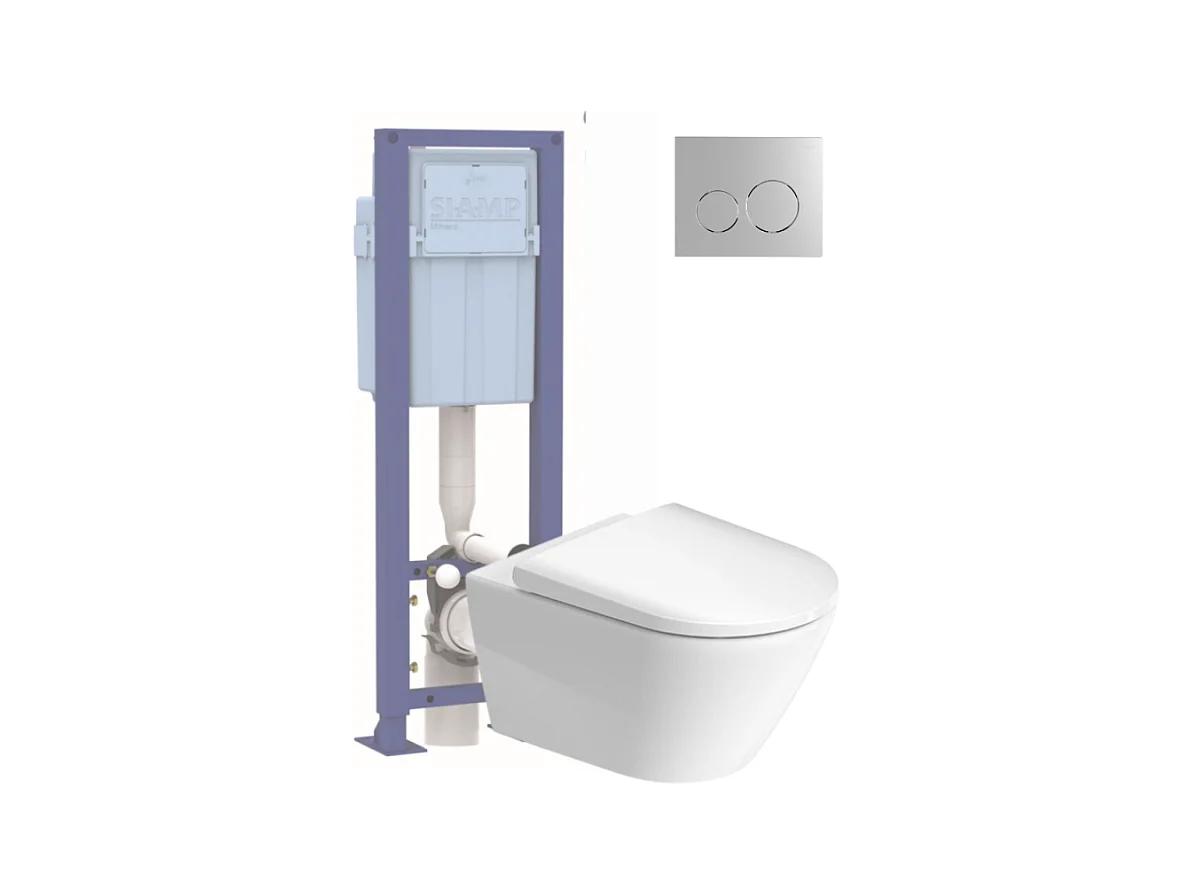 Pack WC suspendu sans bride DURAVIT D-Neo avec abattant frein de chute + bati support SIAMP + Plaque de commande chromée