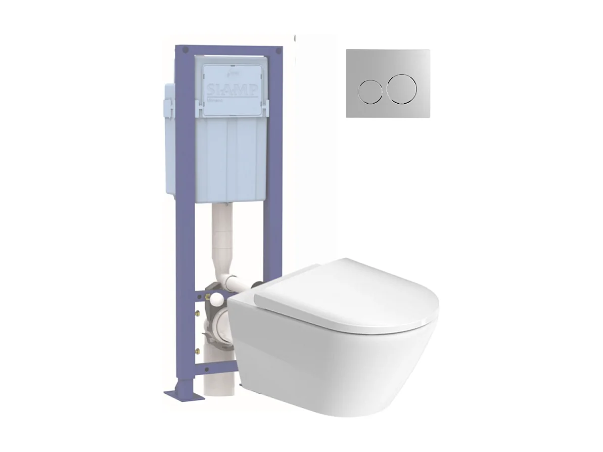 Pack WC suspendu sans bride DURAVIT D-Neo avec abattant frein de chute + bati support SIAMP + Plaque de commande chromée