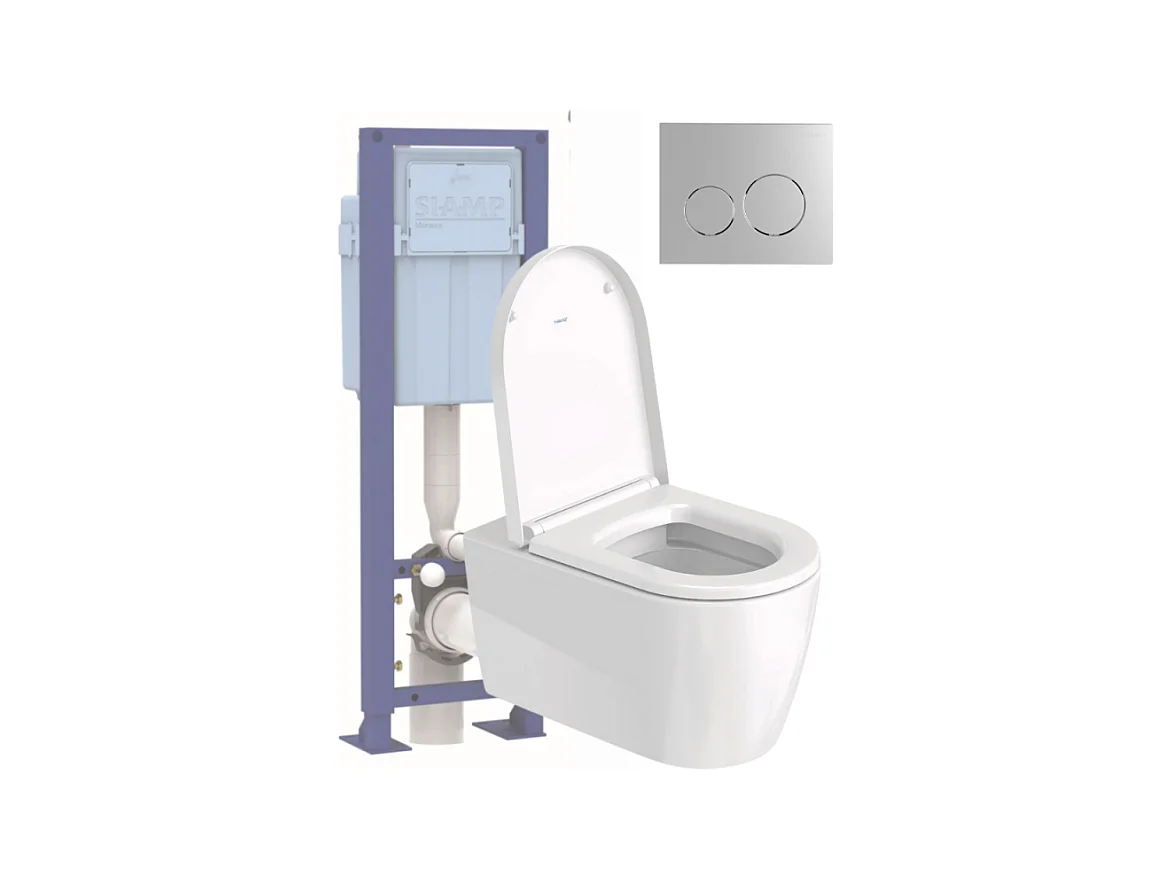 Pack WC suspendu sans bride DURAVIT Me by Starck avec abattant frein de chute + bati support SIAMP + Plaque de commande chromée