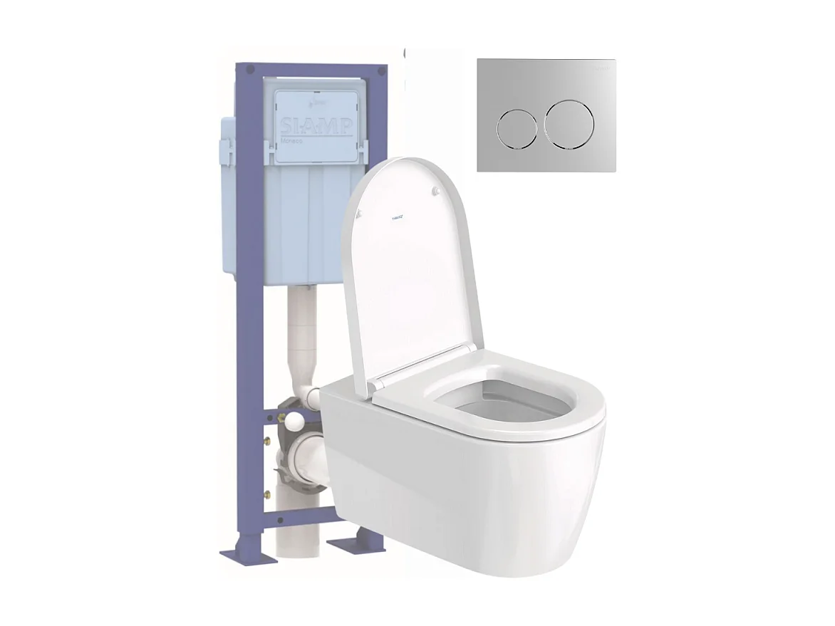 Pack WC suspendu sans bride DURAVIT Me by Starck avec abattant frein de chute + bati support SIAMP + Plaque de commande chromée