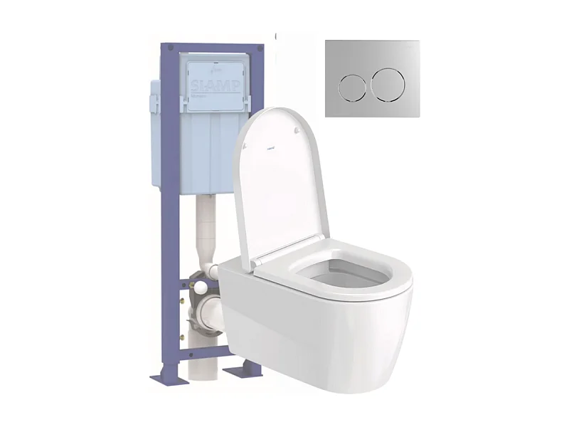 Pack WC suspendu sans bride DURAVIT Me by Starck avec abattant frein de chute + bati support SIAMP + Plaque de commande chromée