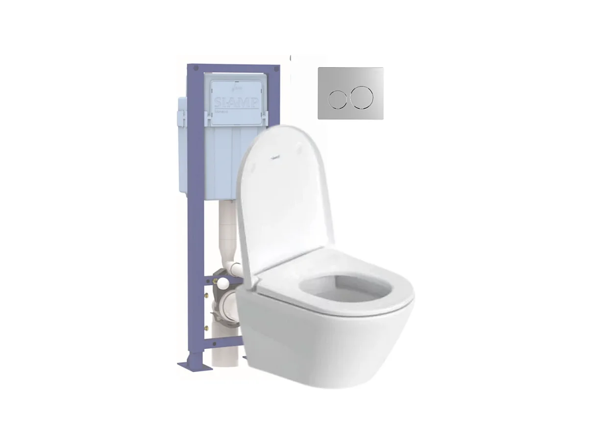 Pack WC suspendu compact sans bride DURAVIT D-Neo avec abattant frein de chute + bati support SIAMP + Plaque de commande chromée